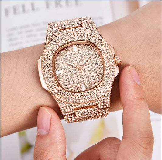GUCY Mens/ Womens Unisex Diamond Watch Oblong Silver/Gold Iced-Out Watch Fashion Quartz